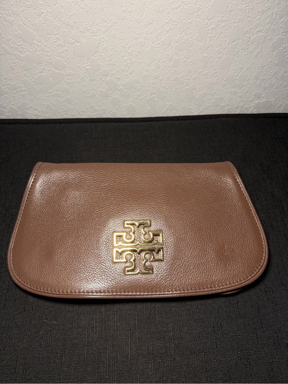 Tory Burch Chocolate Brown Leather Logo Clutch with Gold Emblem